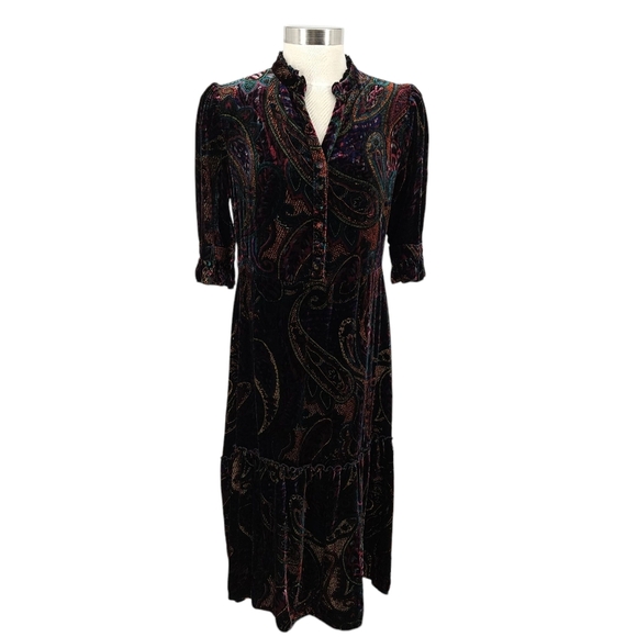 House Of Bruar Midi Victorian Dress Velvet Paisley 1/2 Sleeve Button V Neck 14 - Picture 1 of 9